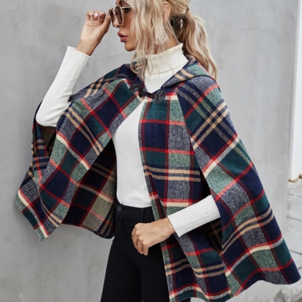 Plaid green navy hoodie cape style jacket - Picture 3 of 4